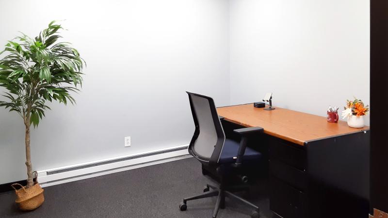 view of office from doorway showing desk chair and plant